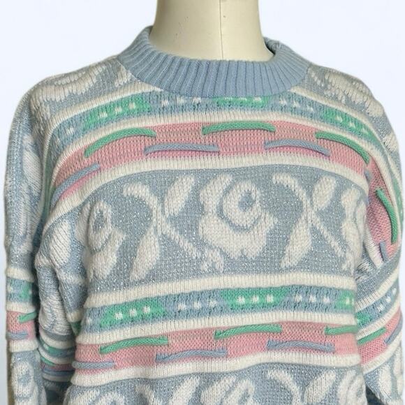 Vintage 80s Rose Pastel Sparkle Coogi Style Chunky Knit Sweater Fairy Kei M/L - Picture 10 of 10